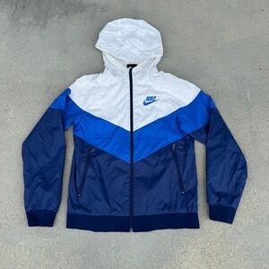 Nike Kids Windbreaker Jacket White Blue‎ Navy Chevron Logo Hooded XL